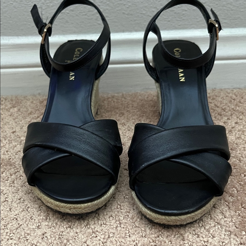 Cole Haan Black Leather Espadrille Wedge Sandals with Ankle Strap